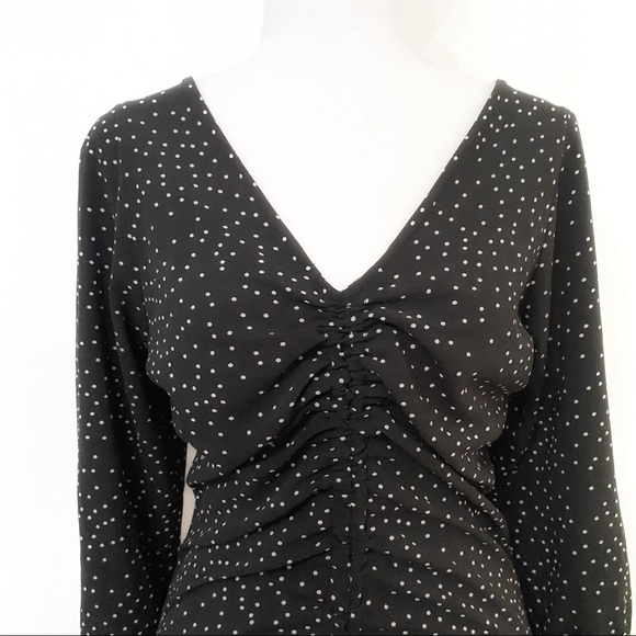 Zara BLACK WHITE POLKA DOT LACE UP RUCHED HALF SLEEVE MIDI DRESS - S - Picture 4 of 13